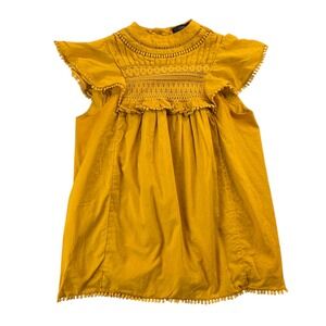 J Crew Womens XXS Gold Flutter‎ Sleeve Top High Neck Smocked Pom-Pom Fringe Trim